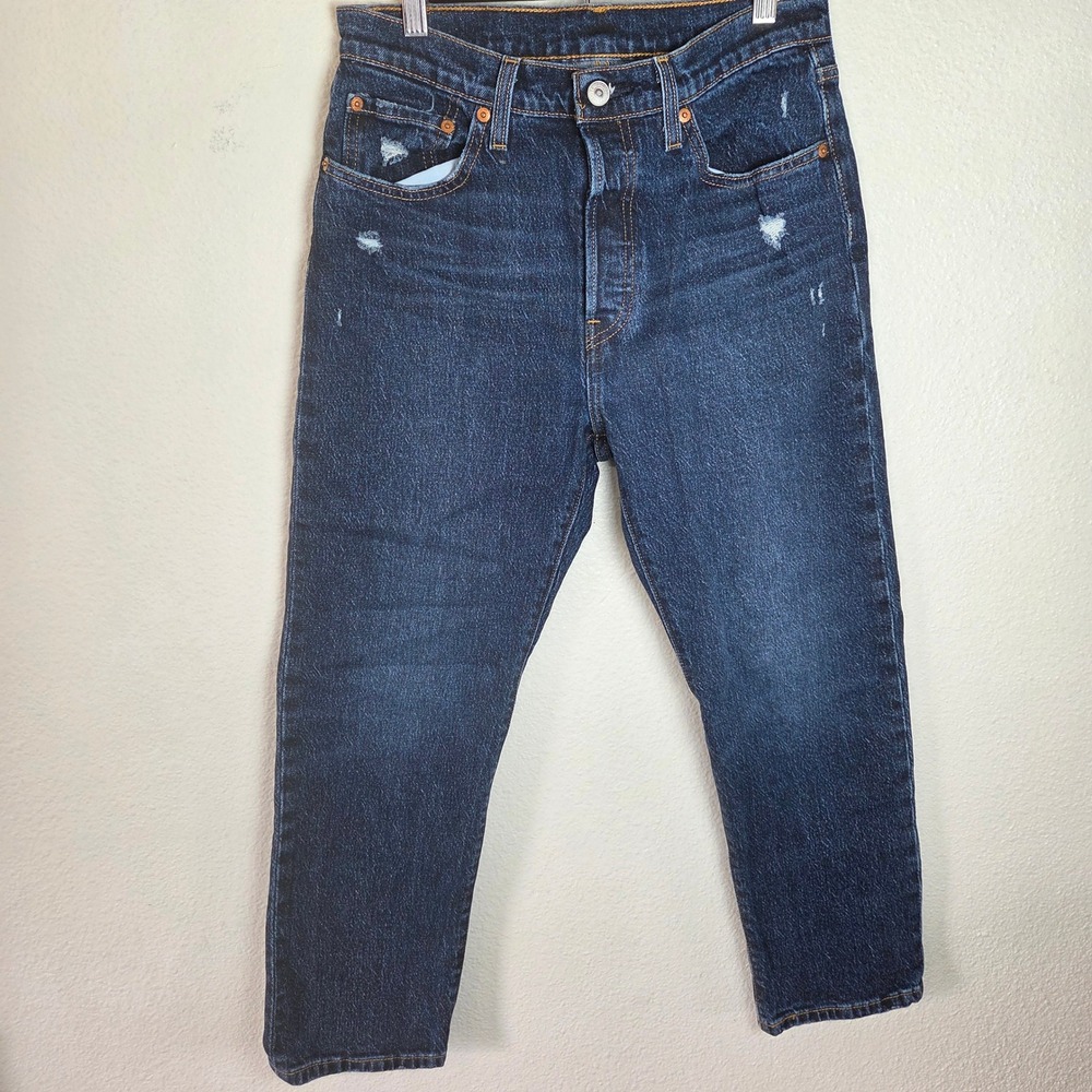 Levis 501 Crop Jeans W28 Button Fly Distressed‎ High Rise Dark Wash - Picture 2 of 10